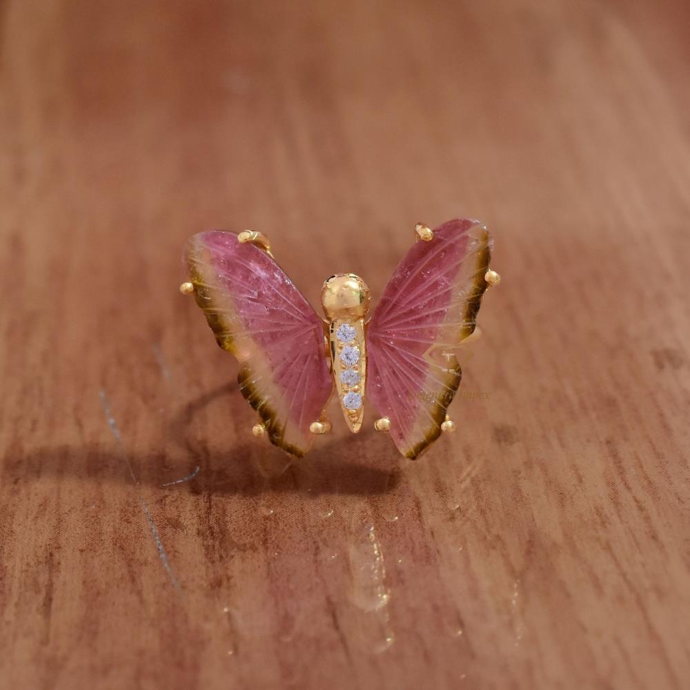 Wholesale 18k Gold Plated Natural Multi Tourmaline Gemstone Butterfly Ring 925 Sterling Silver Gemstone Insect Ring Supplies