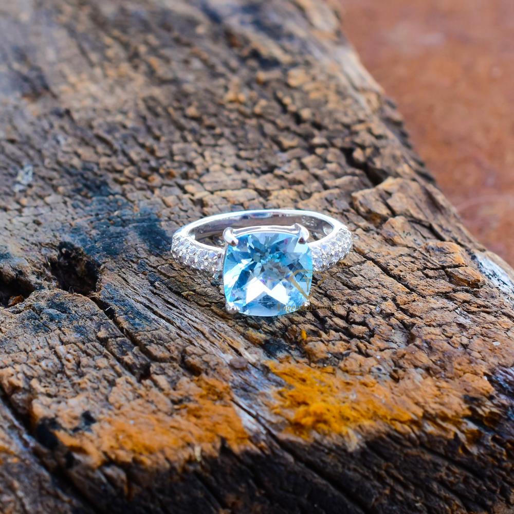 Cushion Natural 3A+ Quality Sky Blue Topaz Gemstone Ring Sterling Silver Handmade Prong Wedding Ring Jewelry For Wholesaler