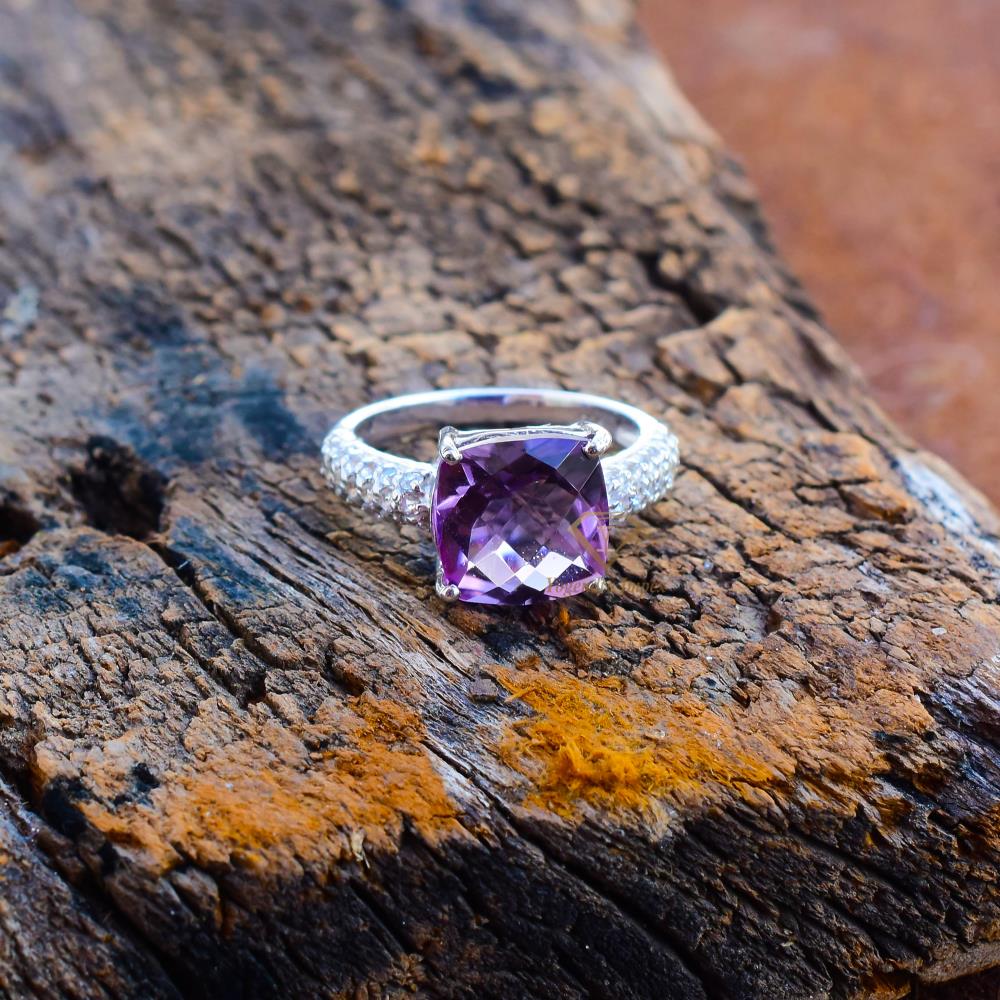 Cushion Shape Natural Amethyst Gemstone Ring 925 Sterling Silver White Rhodium Plated Unique Stone Ring For Wholesale Supplier
