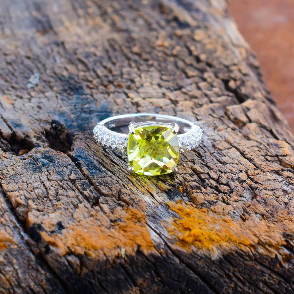 Cushion Natural 3A+ Grade Green Gold Quartz Gemstone Ring Sterling Silver/ Handmade Prong Anniversary Ring Jewlery For Women
