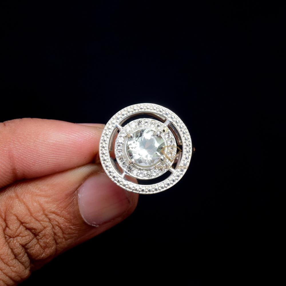High Quality Green Amethyst Gemstone 925 Sterling Silver Ring Round Shape Cubic Zircon Wedding Rings For Wholesale Suppliers