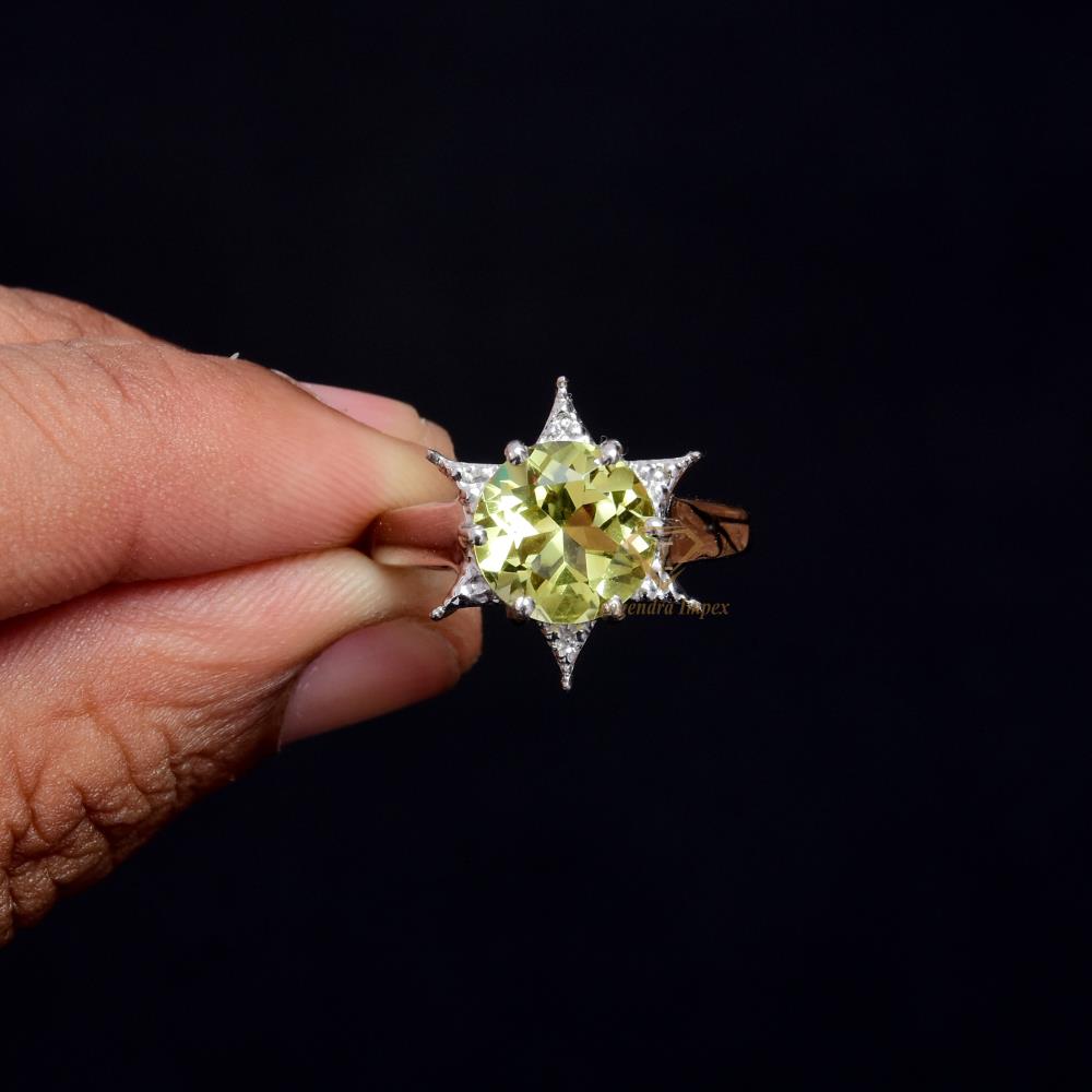 Round Shape Natural Lemon Quartz Gemstone 925 Sterling Silver Ring Gorgeous Yellow Gemstone Ring Jewelry For Wholesale Suppliers