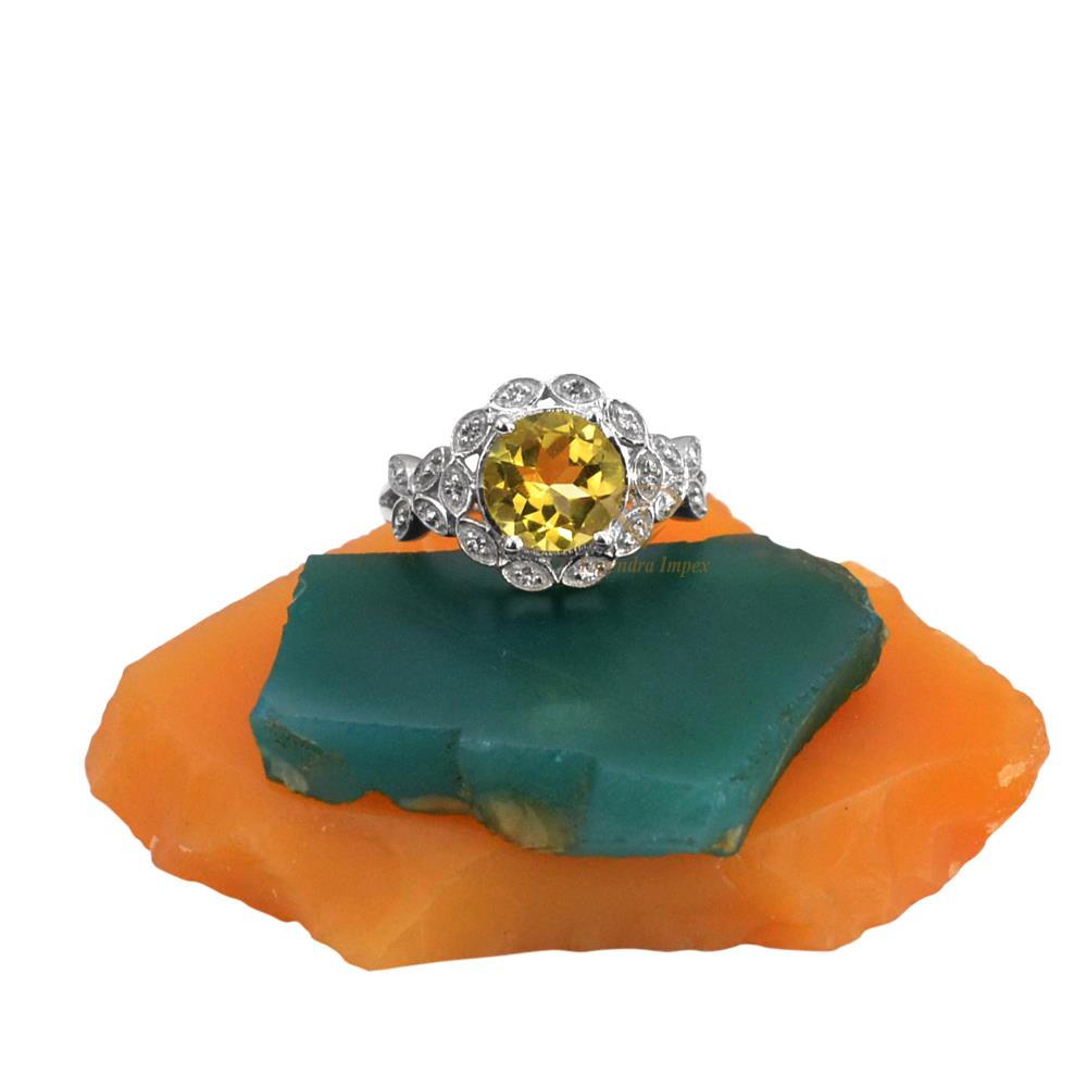 Lemon Quartz Gemstone Ring 925 Sterling Silver Round Shape Yellow Gemstone Flower Anniversary Ring For Wholesale Supplies