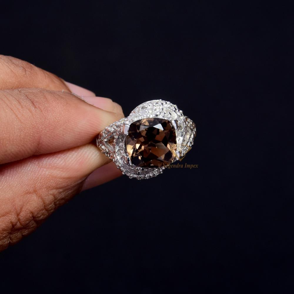 Top Quality Natural Smoky Quartz Gemstone Ring 925 Sterling Silver Gorgeous Wedding Rings Jewelry For Wholesale Suppliers