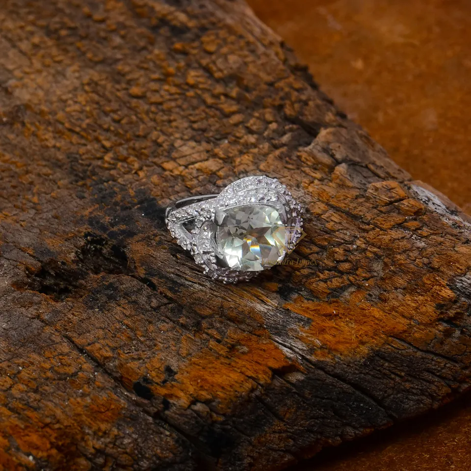 Natural Green Amethyst Gemstone 925 Sterling Silver Prong Ring White Rhodium Plated Anniversary Ring For Wholesale Suppliers
