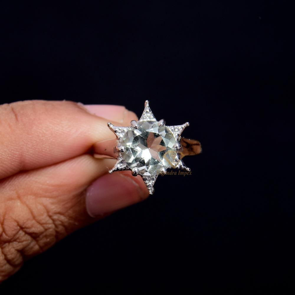 Elegant Natural Green Amethyst Gemstone 925 Sterling Silver Ring Handmade Round Shape Gorgeous Ring For Wholesale Supplies