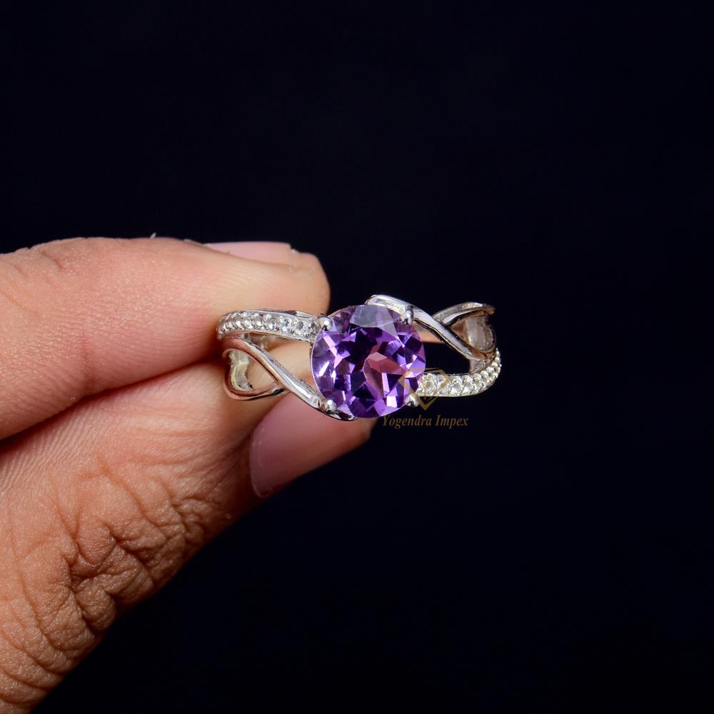 Gorgeous Natural Purple Amethyst Gemstone Ring/925 Sterling Silver White Topaz & Purple Gemstone Ring Jewelry For Supplies