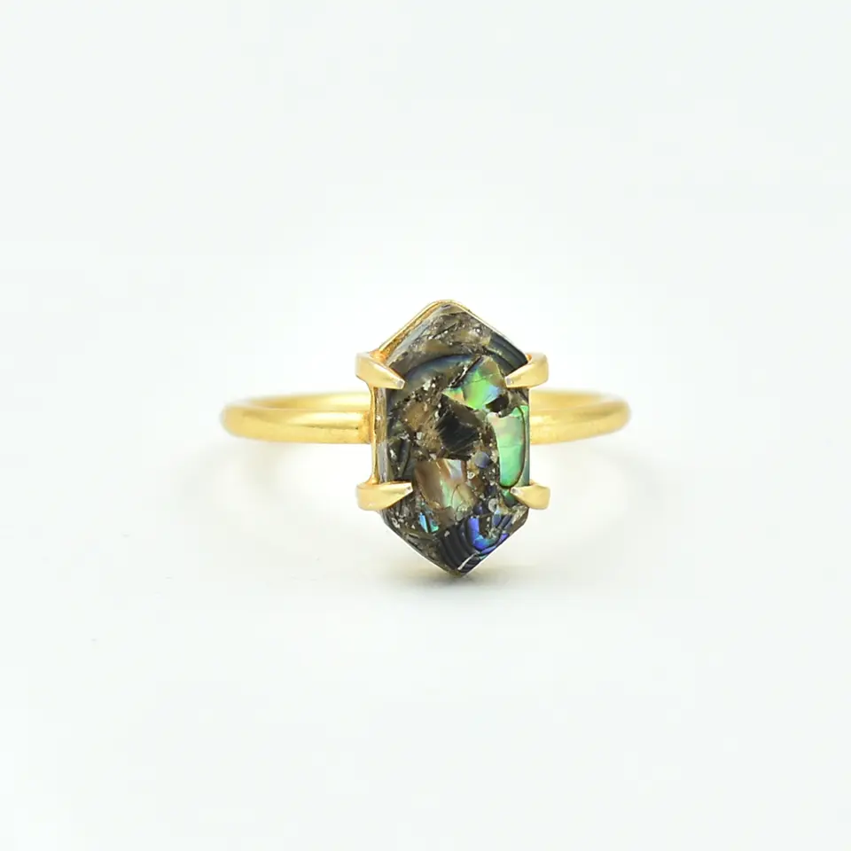 Hexagon Natural Abalone Pearl Copper Gemstone 925 Sterling Silver Sparkle Ring Valentines Ring For Suppliers & Manufacturer