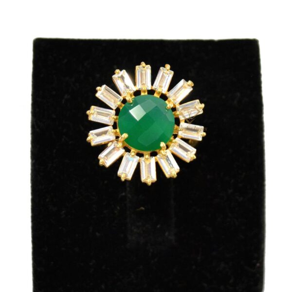 18k Gold Plated Round Green Onyx Gemstone Sunflower Ring, 925 Sterling Silver Cubic Zirconia Fancy Rings Wholesale Supplier
