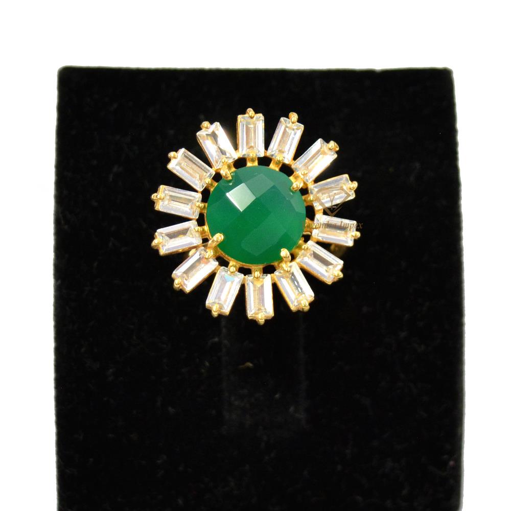18k Gold Plated Round Green Onyx Gemstone Sunflower Ring, 925 Sterling Silver Cubic Zirconia Fancy Rings Wholesale Supplier