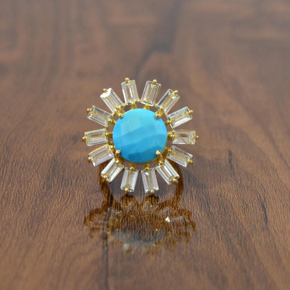 Wholesale 18k Gold Plated Round Blue Turquoise Gemstone Adjustable Ring Flower 925 Sterling Silver Blue Gemstone Floral Rings