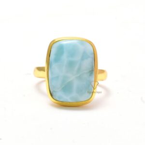 Cushion Shape Natural Larimar Gemstone 925 Sterling Silver Ring/18k Gold Plated Handmade Bezel Organic Ring For Suppliers