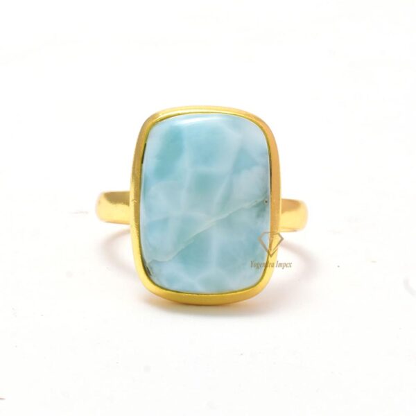 Cushion Shape Natural Larimar Gemstone 925 Sterling Silver Ring/18k Gold Plated Handmade Bezel Organic Ring For Suppliers