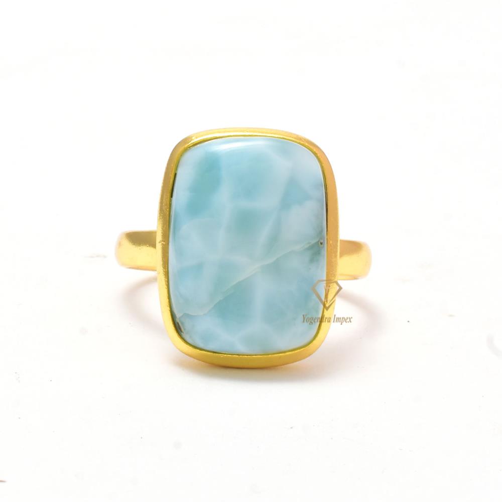 Cushion Shape Natural Larimar Gemstone 925 Sterling Silver Ring/18k Gold Plated Handmade Bezel Organic Ring For Suppliers