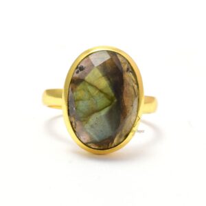 18k Gold Plated Natural Faceted Labradorite Oval Gemstone Ring/925 Sterling Silver Birthstone Ring For Wholesale Suppliers