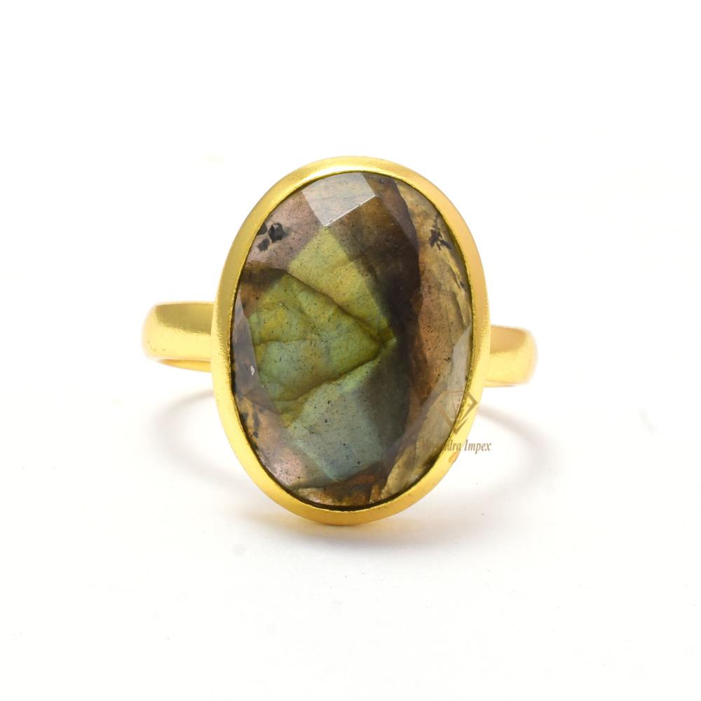 18k Gold Plated Natural Faceted Labradorite Oval Gemstone Ring/925 Sterling Silver Birthstone Ring For Wholesale Suppliers