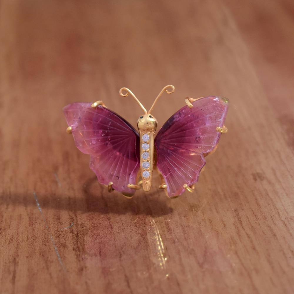 Gorgeous Natural Pink Tourmaline Gemstone 925 Sterling Silver Big Butterfly Ring, 18k Micron Gold Plated Insect Ring Jewelry