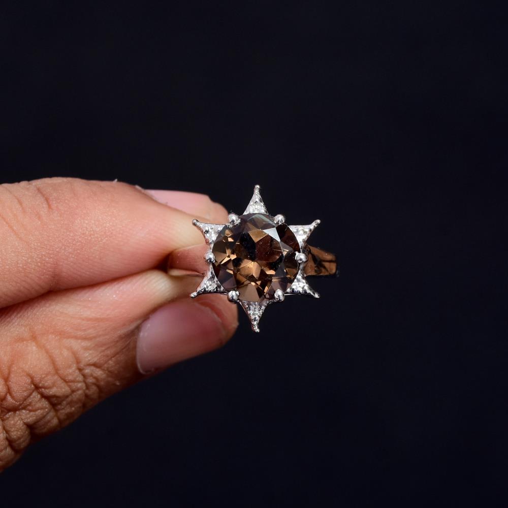 Elegant Natural Smoky Quartz Gemstone 925 Sterling Silver Ring, Handmade Round Star Gemstone Ring Jewlery For Wholesaler