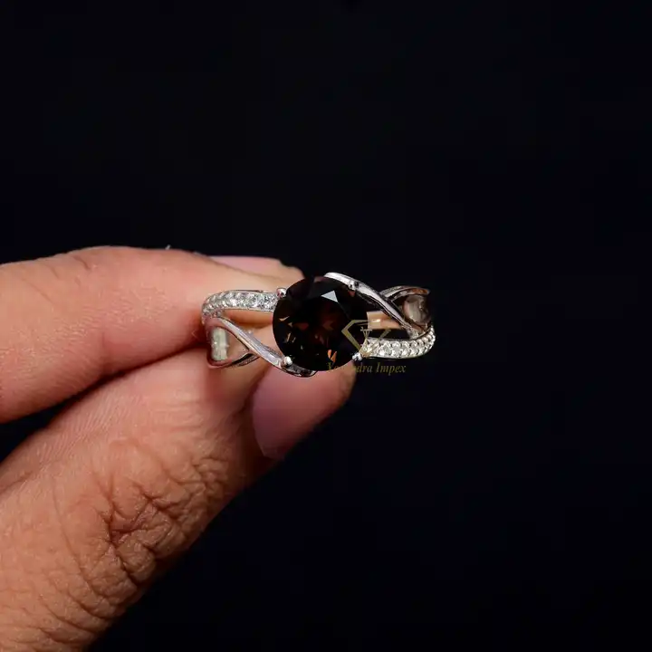 Genuine Natural Smoky Quartz Gemstone Ring 925 Sterling Silver/Round Chocolate Gemstone Ring For Wholesale Suppliers