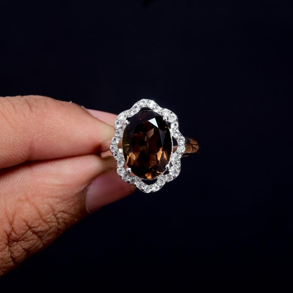 Oval Shape Natural Smoky Quartz Gemstone Ring 925 Sterling Silver Smoky Chocolate Gemstone Ring For Wholesale Suppliers