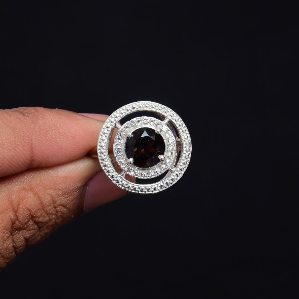 Elegant Natural Smoky Quartz Gemstone 925 Sterling Silver Ring/Round Shape Anniversary Gift Ring For Wholesale Supplies