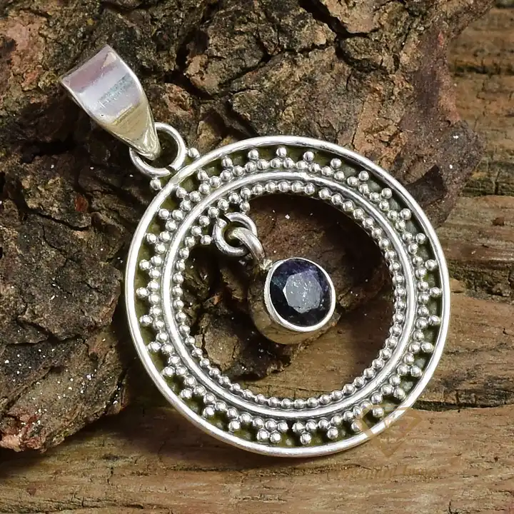 Round Shape Natural Blue Sapphire Gemstone 925 Sterling Silver Pendant, Wholesale Birthday Gift Pendant Jewelry For Suppliers