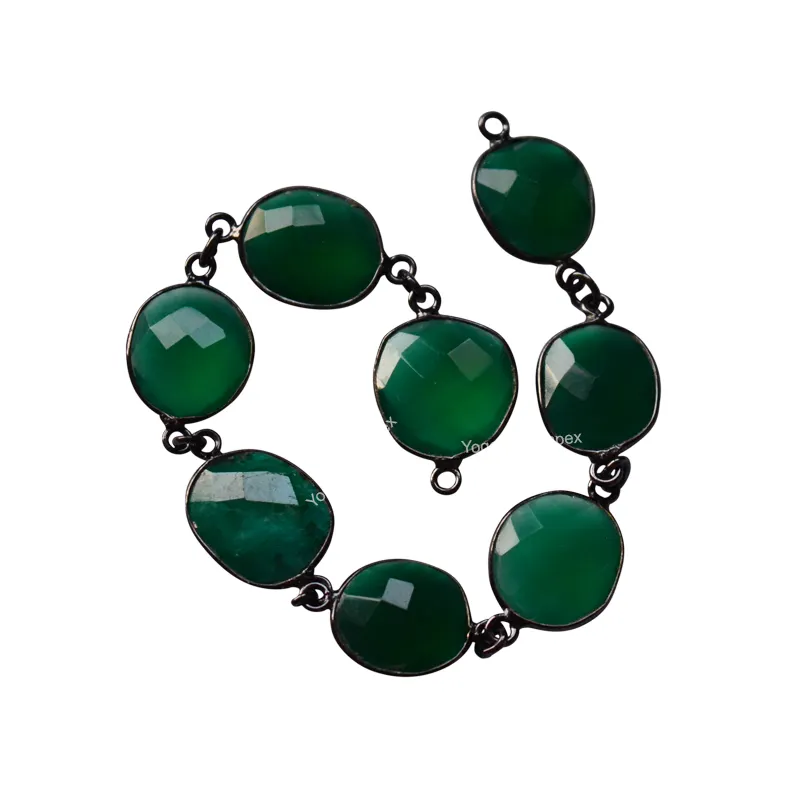 Irregular Shape Natural Green Onyx Gemstone Connector Chain Wholesale 925 Sterling Silver Black Rhodium Plated Bezel Jewelry