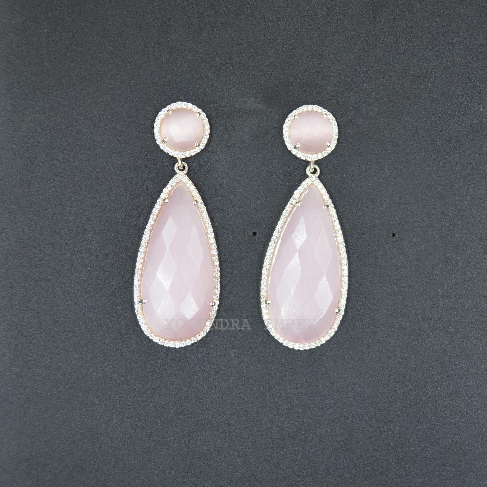 Rose Pink Monalisa With Cz Earrings for Women Natural Gemstone Earrings Handmade 925 Sterling Silver Drop Earrings
