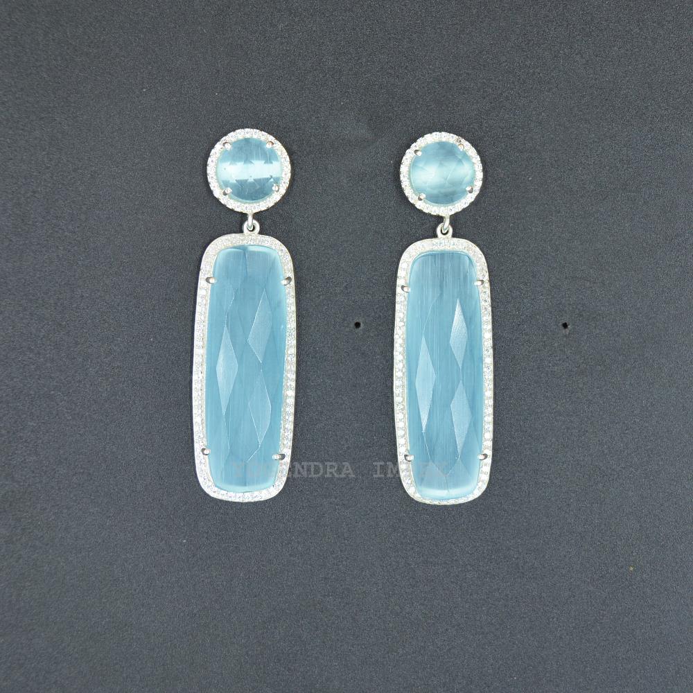 Natural Sky Blue monalisa With Cz Boho Dangle Earrings 925 Sterling Silver Solid Handmade Drop & Dangle Earrings For Wholesaler
