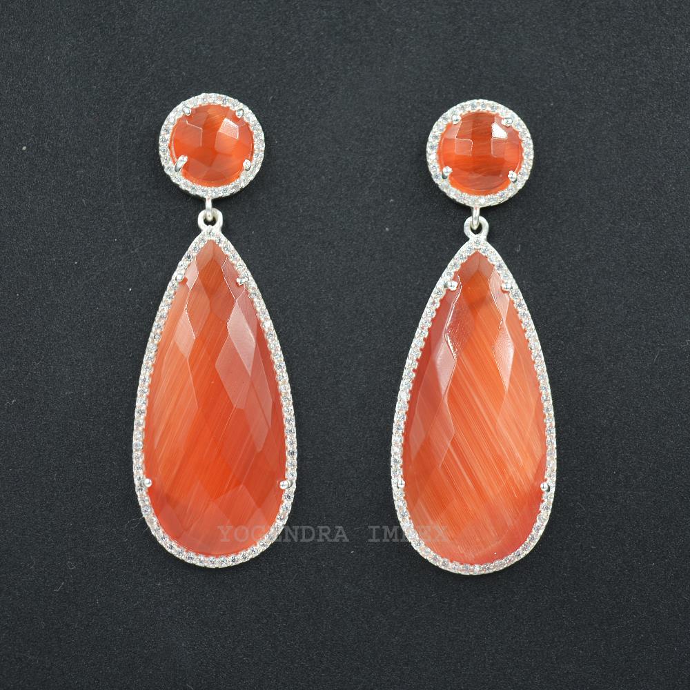 Wholesale Classic Design 925 Sterling Silver Orange Monalisa With Cz Gemstone Dangle Earrings Women's fine Jewelry Drop Earrings