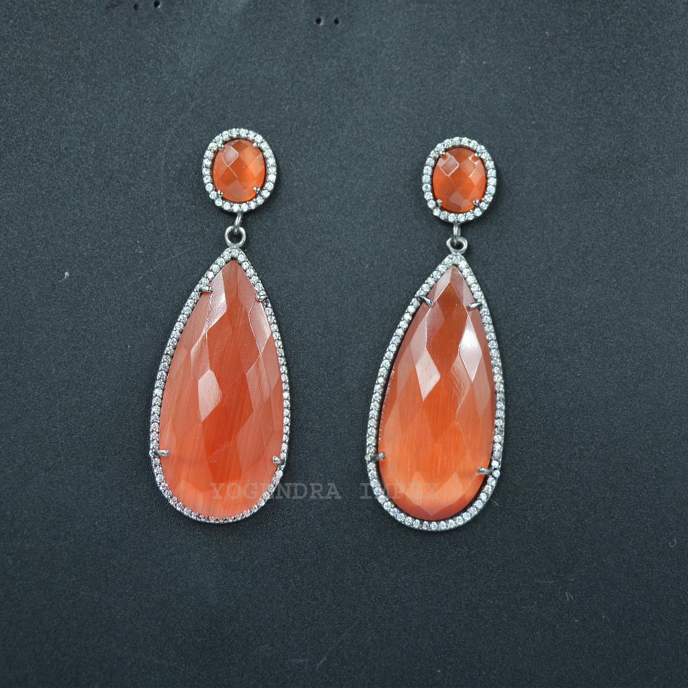Orange Monalisa With cz Earrings Sterling Silver Double Layer Stone Earrings Handmade Big Gemstone Orange Monalisa With cz Ear