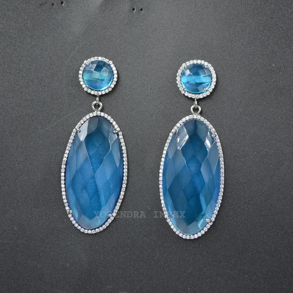 Sea Blue Monalisa With Cz dangle Earrings for Women Natural 925 Sterling Silver Earrings Handmade Silver Drop Earrings for her