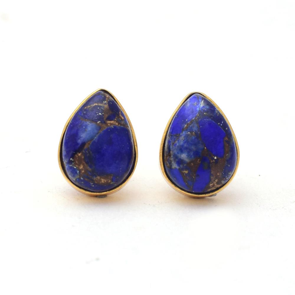 Gorgeous Copper Lapis Lazuli Gemstone Stud Earrings Sterling Silver, Blue Gemstone Bezel Set Handmade Earrings For Wholesaler