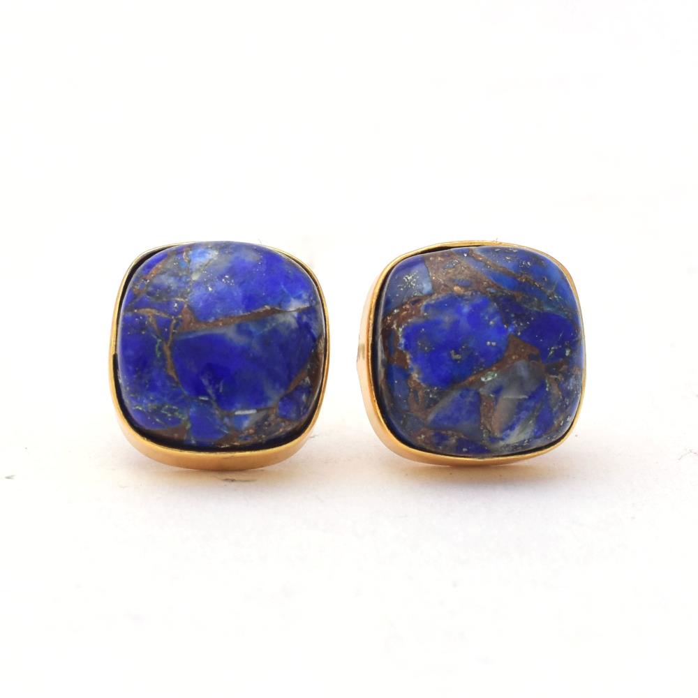 Cushion Shape Natural Copper Lapis Lazuli Gemstone Stud Earrings Sterling Silver, 18k Gold Plated For Suppliers & Manufacturer