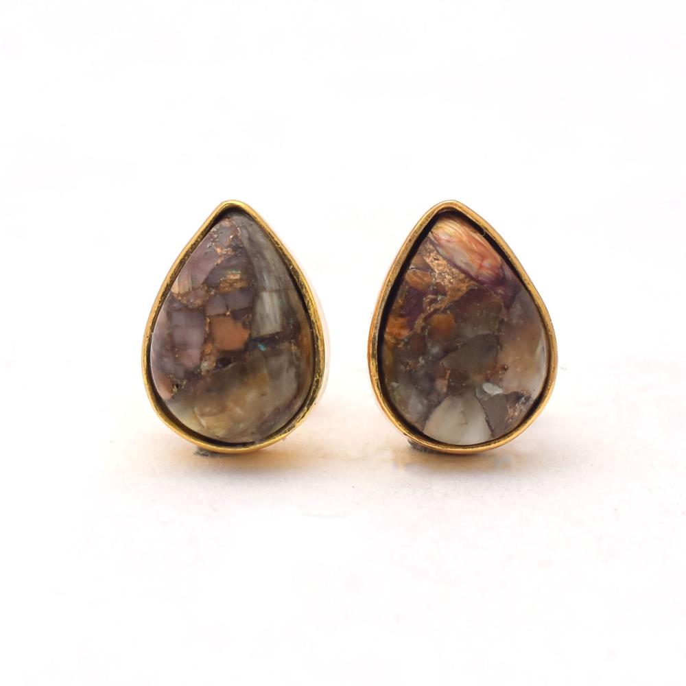 Top Grade+ Natural Cat Eye Copper Gemstone Stud Earrings Sterling Silver, Pear Shape Brown Gemstone 18k Gold Plated For Women