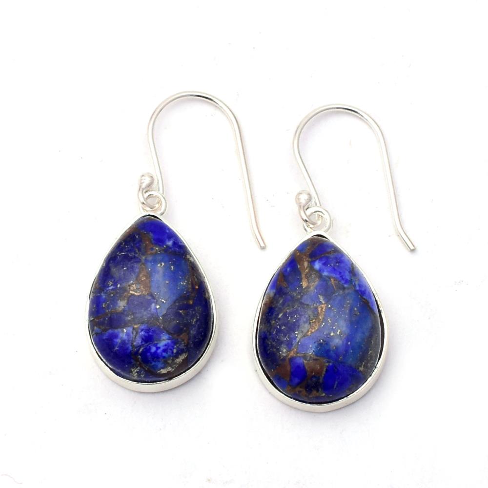 High Quality Natural Copper Lapis Lazuli Gemstone Sterling Silver Drop Earrings, Designer Hook Earrings For Wholesale Suppliers