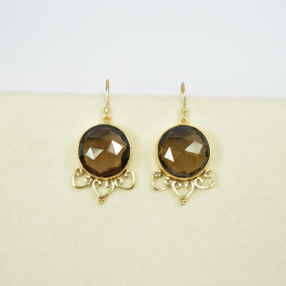 Smoky Quartz gemstone bezel set 925 solid silver ring earring from Indian manufacturer round shape dangle & drop earrings