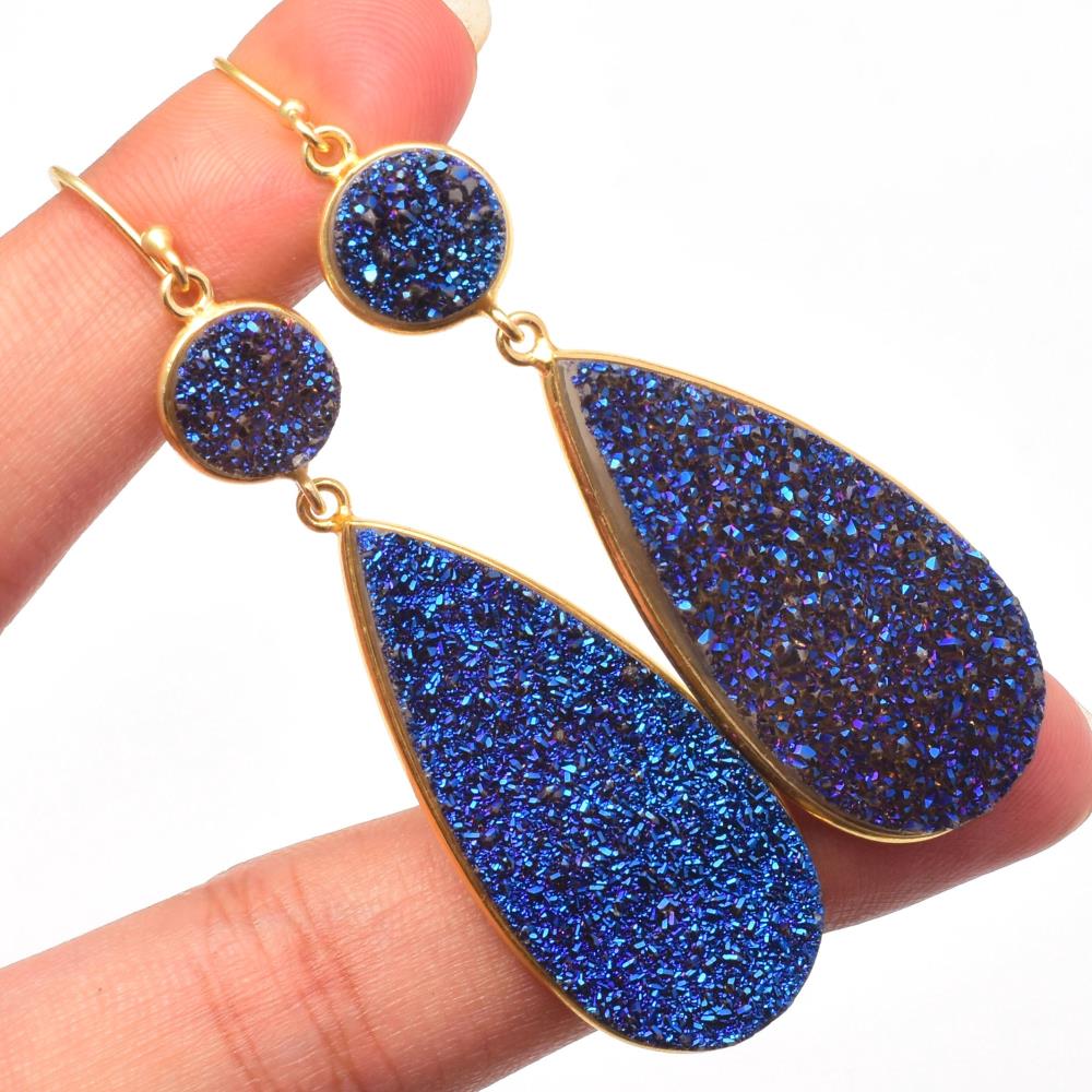 Elegant Blue Titanium Druzy Gemstone Earrings 925 Sterling Silver 18k Gold Plated Delicate Drop Earrings For Wholesale Supplier