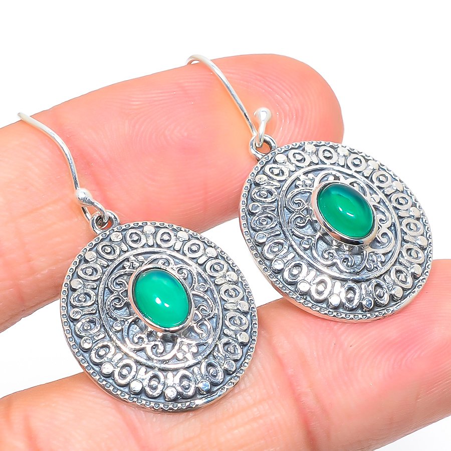 Oval Shape Natural Green Onyx Gemstone 925 Sterling Silver Hook Earrings Handmade Bezel Set Drop Earring Jewelry For Women