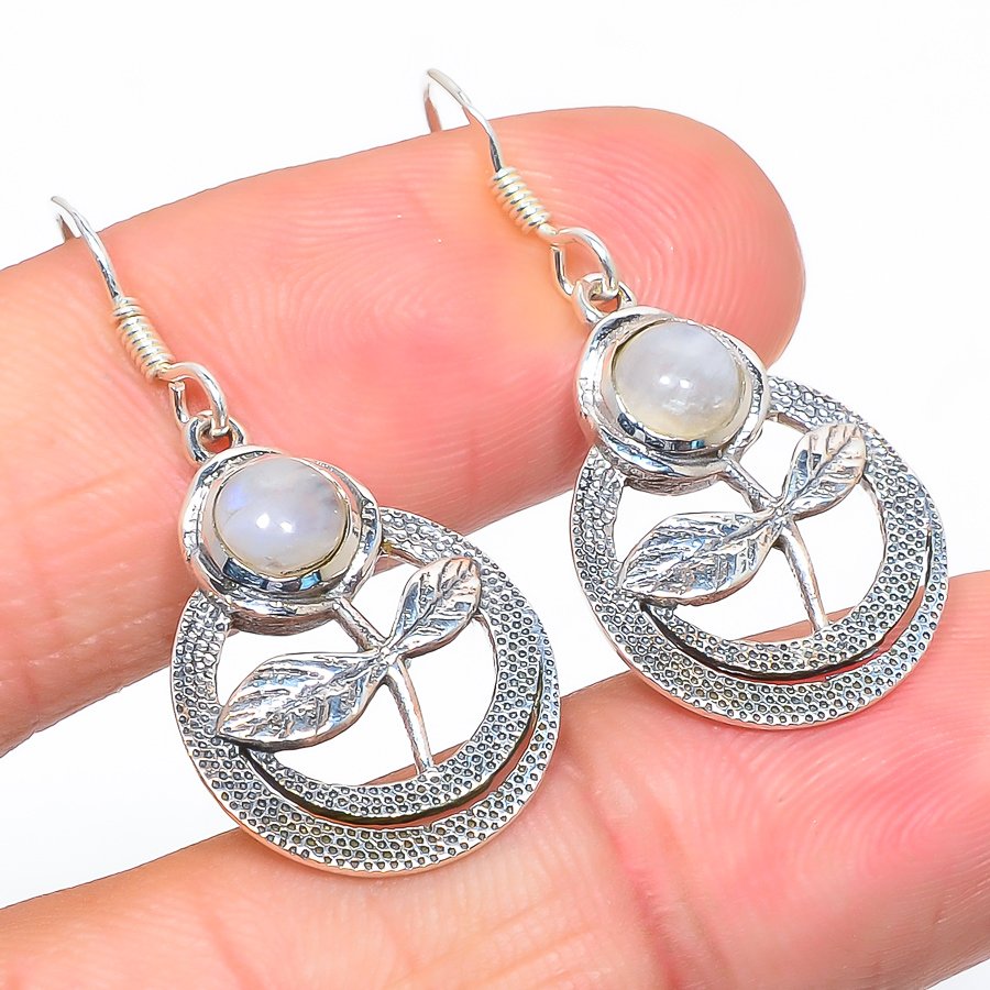Round Rainbow Moonstone Gemstone 925 Sterling Silver Drop & Dangle Earring silver Plated boho Earrings For Wholesaler