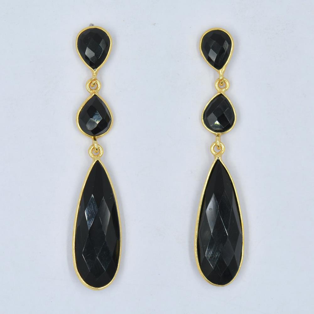 Black Onyx Earrings Three Stone