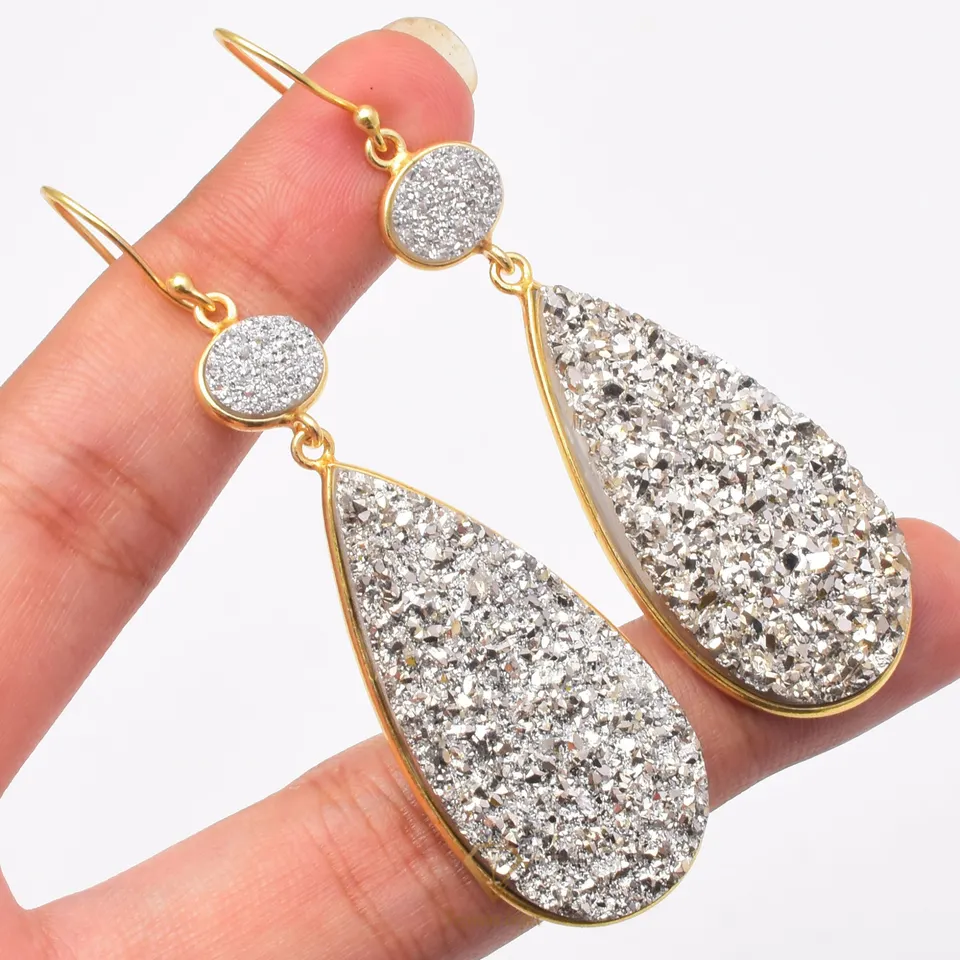 Round & Pear Shape Silver Titanium Druzy Gemstone Sterling Silver Drop Earring/18k Gold Plated Silver Druzy Jewelry For Women