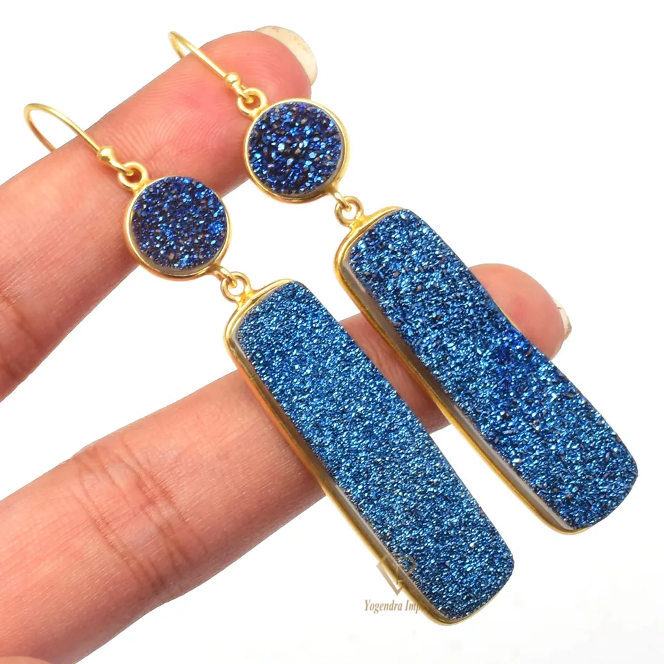 18k Gold Plated Blue Titanium Druzy Gemstone Earrings/925 Sterling Silver new arrival trendy Druzy Earring Wholesale Suppliers