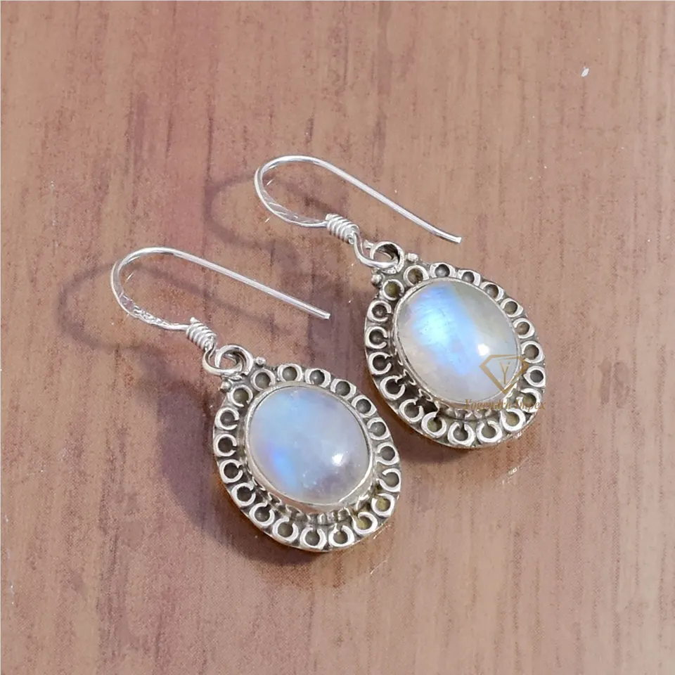 Natural Rainbow Moonstone Gemstone Drop and Dangle Earrings 925 Sterling Silver Silver Hook Jewelry For Wholesale Suppliers