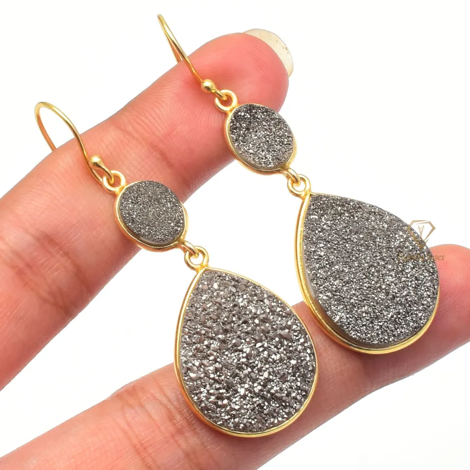 Gorgeous Gray Titanium Druzy Gemstone 925 Sterling Silver Dangle Earrings/18k Gold Plated Wedding Earrings For Wholesaler