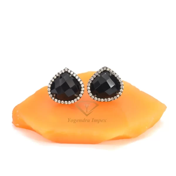 Pear Shape Natural Black Onyx Gemstone Stud Earrings, Black Rhodium Plated 925 Sterling Silver CZ Stud Earrings For Wholesale