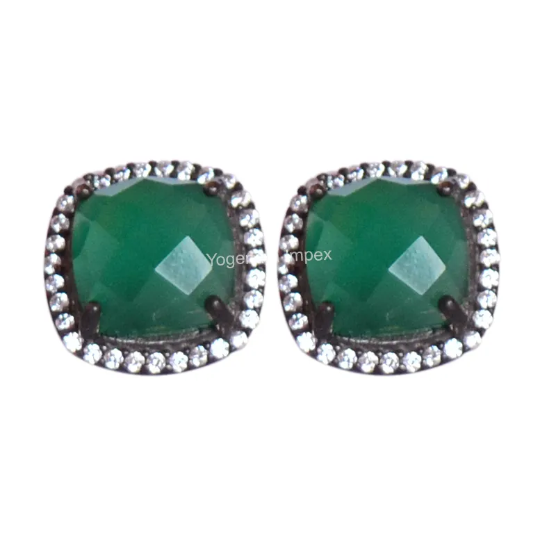 Natural Green Onyx Gemstone 925 Sterling Silver Stud Earrings/ Black Rhodium Plated Cubic Zircon Stud Earrings For Wholesaler