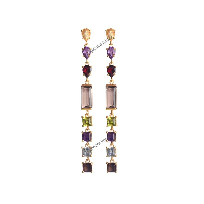 18k Gold Plated Multicolour Gemstone Dangle & Drop Earrings, new 925 Sterling Silver Long Earrings For Wholesale Supplier