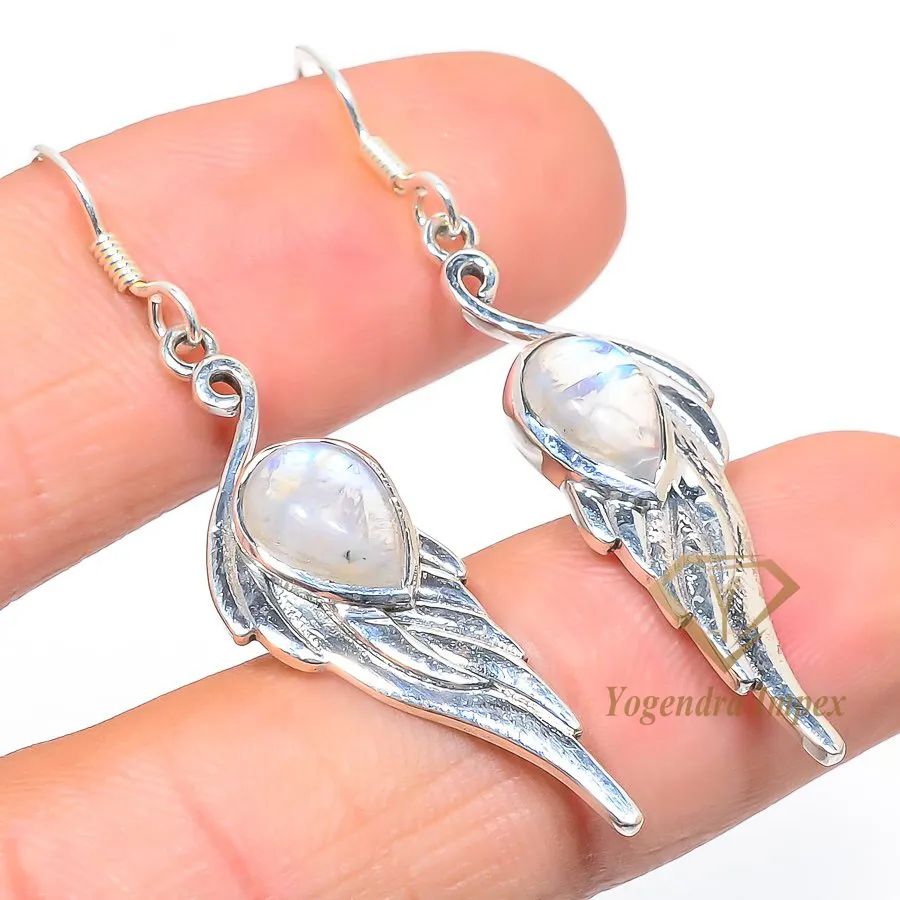 Rainbow Moonstone Gemstone 925 Solid Sterling Silver Jewelry Earrings Silver Handmade Fine Jewelry Moonstone Dangling Earrings