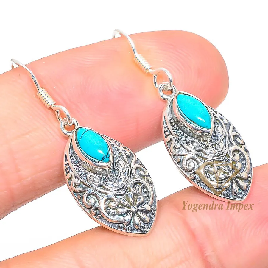 Howlite Turquoise Gemstone 925 Solid Sterling Silver Jewelry Earring Artisan look 925 sterling silver jewelry turquoise gemstone